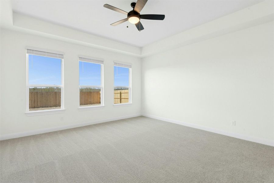 Unfurnished room featuring light colored carpet, ceiling fan, and a tray ceiling