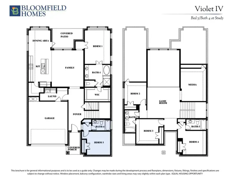Bloomfield Homes Violet IV floor plan showing 5 bedrooms and 4 bathrooms across two floors with garage and covered patio.