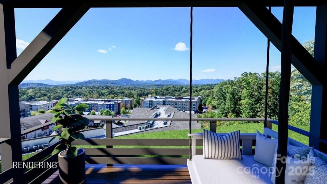 Panoramic mountain views from covered deck