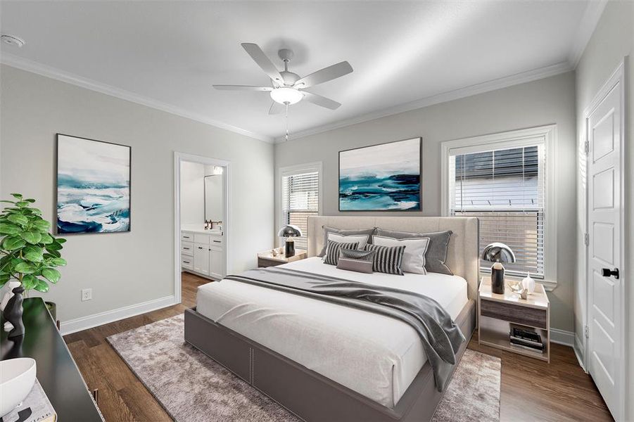 Bedroom featuring ornamental molding, dark wood finished floors, ensuite bath, and a ceiling fan Bedroom featuring ornamental molding, dark wood finished floors, ensuite bath, and a ceiling fan