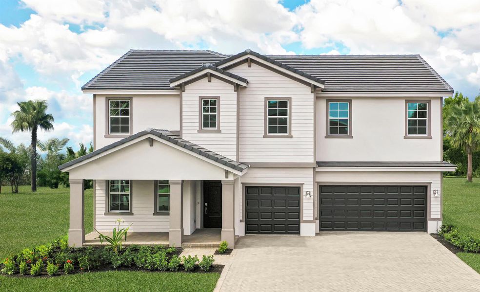 Front exterior of a new home in Estates of Boynton Waters, Boynton Beach, FL, highlighting curb appeal (Image 1).