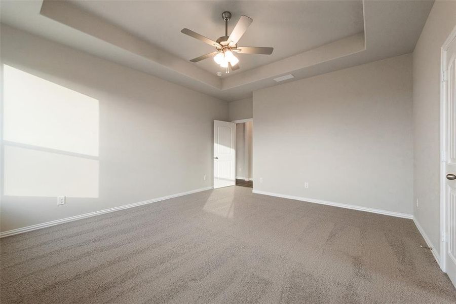 Carpeted spare room featuring a tray ceiling and a ceiling fan