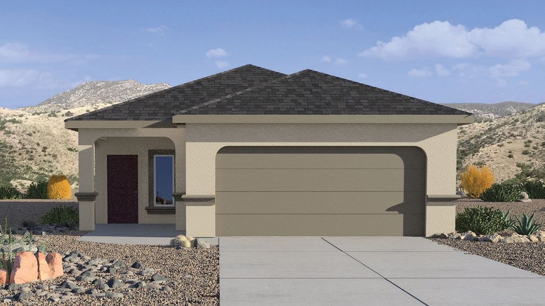 Front exterior of a new home in Blackhawk, Tucson, AZ, highlighting curb appeal (Image 1). Front exterior of a new home in Blackhawk, Tucson, AZ, highlighting curb appeal (Image 1).