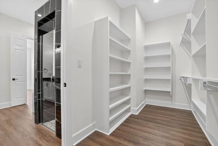 Walk in closet featuring dark wood-style floors Walk in closet featuring dark wood-style floors