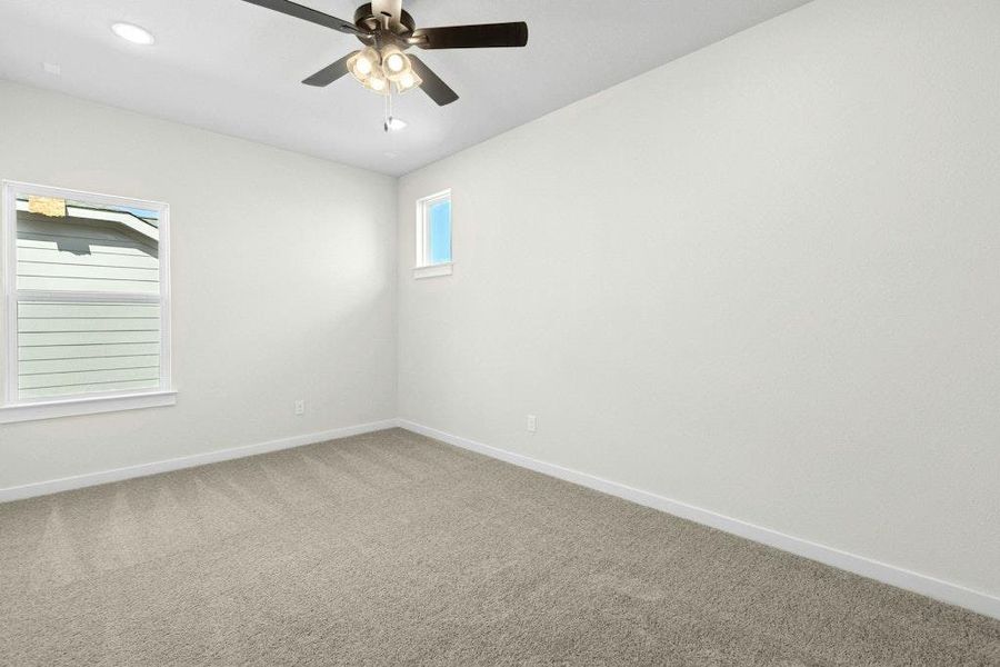 Unfurnished room with carpet flooring, a ceiling fan, and recessed lighting