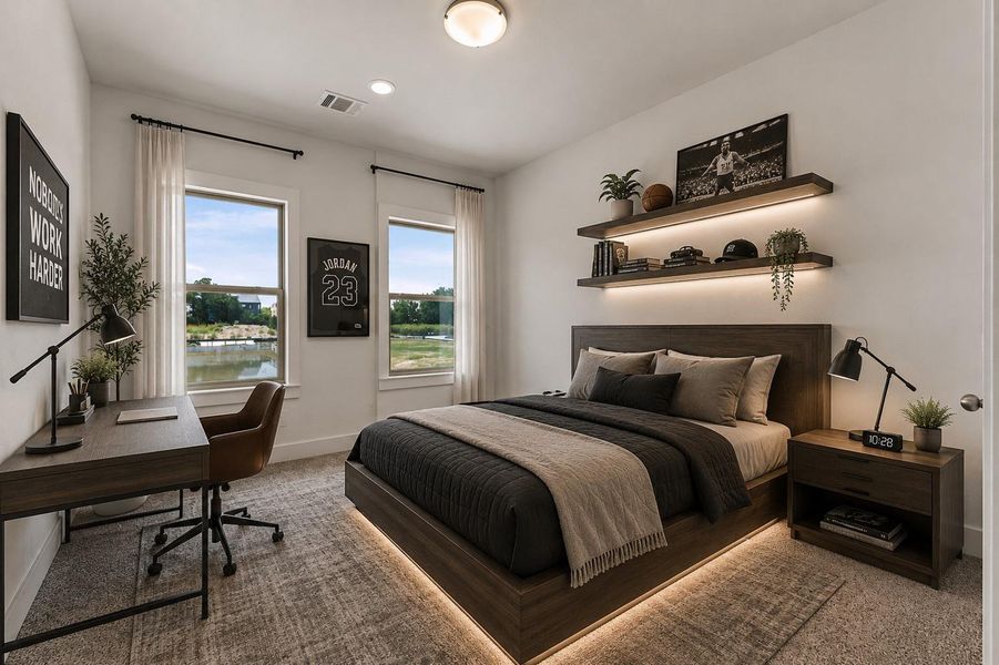Bright secondary bedroom with large windows, neutral tones, and flexible use for guests, family, or workspace needs.