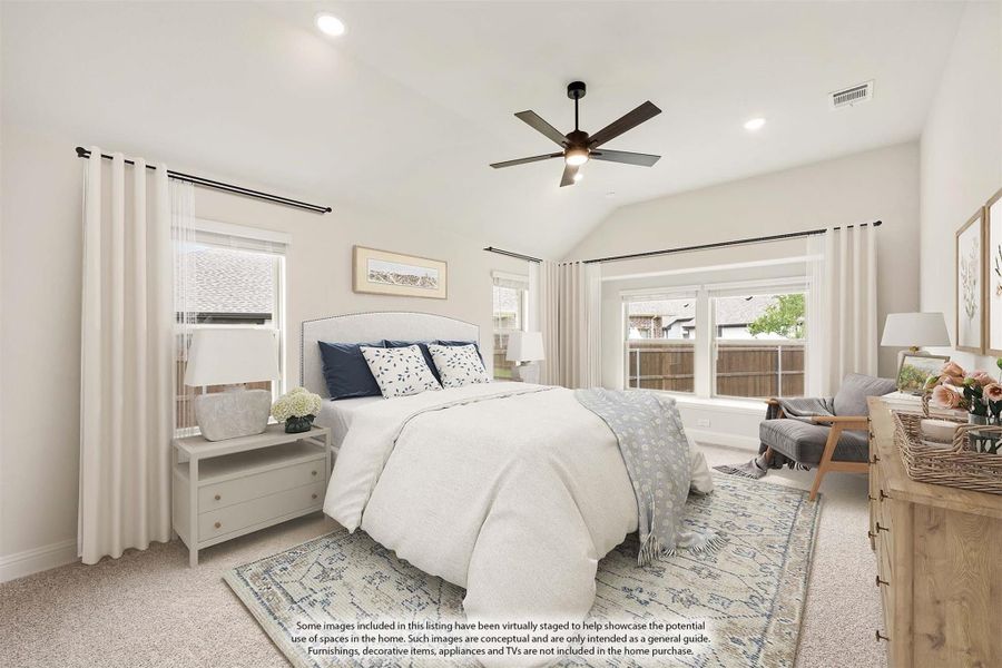 Bedroom with vaulted ceiling, ceiling fan, carpet flooring, and multiple windows with white curtains Bedroom with vaulted ceiling, ceiling fan, carpet flooring, and multiple windows with white curtains