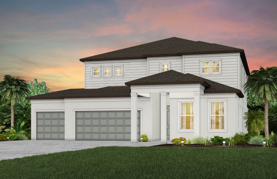 Front exterior of a new home in Riverwood, Zephyrhills, FL, highlighting curb appeal (Image 1). Front exterior of a new home in Riverwood, Zephyrhills, FL, highlighting curb appeal (Image 1).
