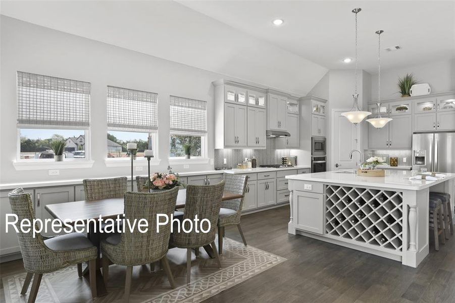 Kitchen featuring dark hardwood / wood-style flooring, an island with sink, tasteful backsplash, and pendant lighting