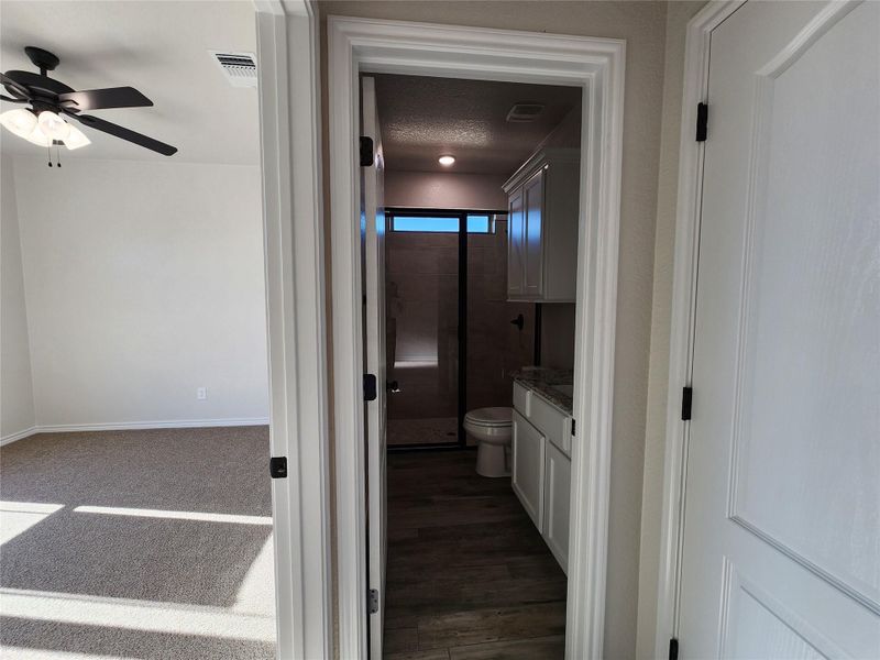 Full bath featuring vanity, ceiling fan, and a shower stall