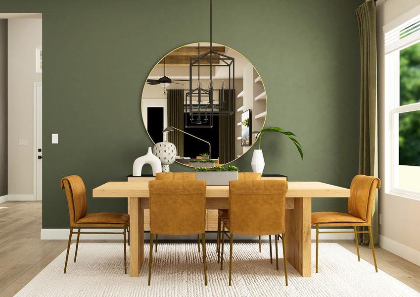 Rendering of the dining room in the
  Jasmine plan. The room has a six-person table, large window and wood-look
  flooring. A large, round mirror hangs on the wall.