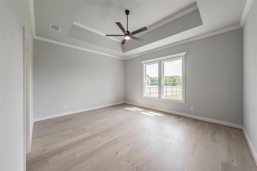 Huge primary bedroom features tray ceilings & a ceiling fan