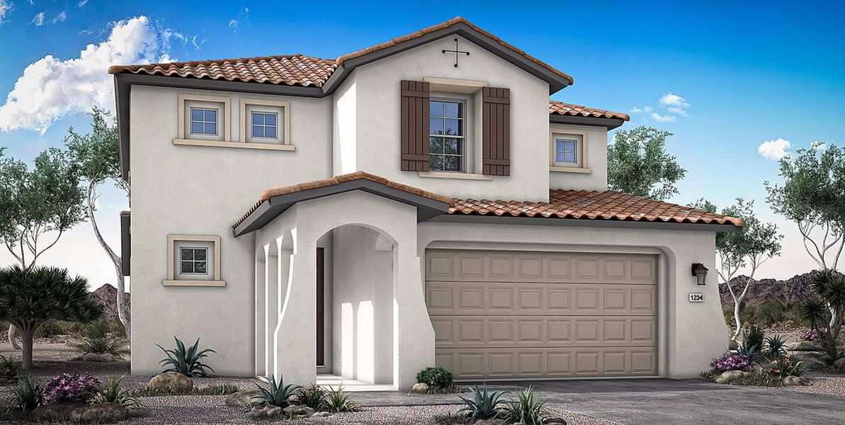 Front exterior of a new home in Mesquite at North Creek, Queen Creek, AZ, highlighting curb appeal (Image 2). Front exterior of a new home in Mesquite at North Creek, Queen Creek, AZ, highlighting curb appeal (Image 2).