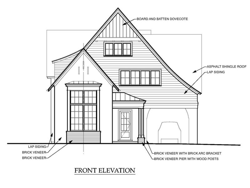 Front elevation; brick and lapped siding with porte-cochere access to a detached garage