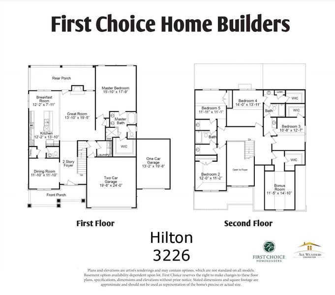 2D floor plan layout for the Hilton Family by First Choice Home Builders in Highland Lakes, Evans, GA (Image 3).