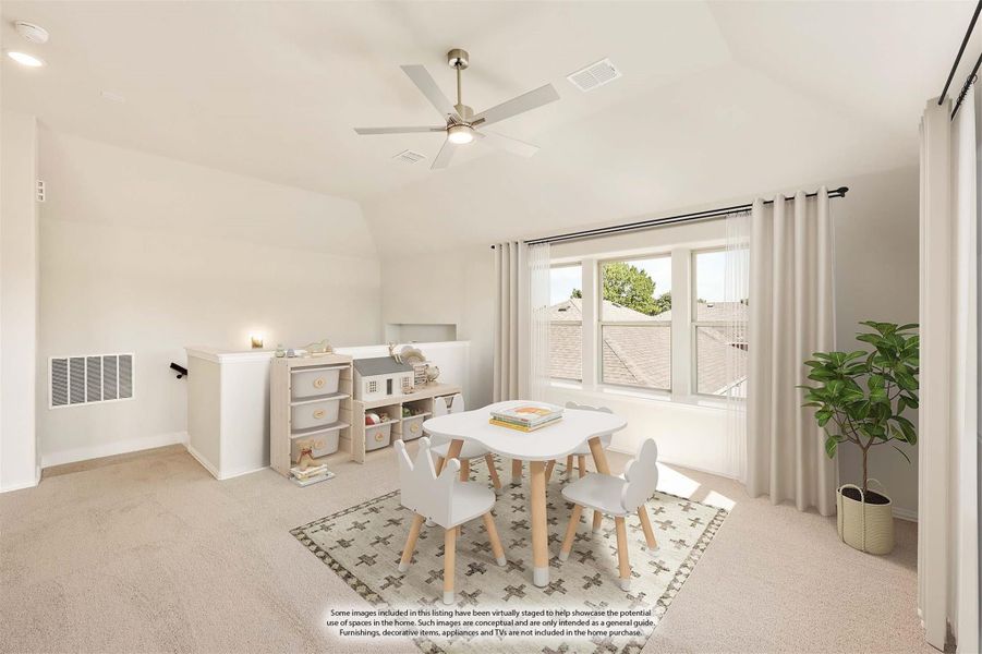 Children's playroom with vaulted ceiling, ceiling fan, small table and chairs, toy storage, and carpet flooring Children's playroom with vaulted ceiling, ceiling fan, small table and chairs, toy storage, and carpet flooring