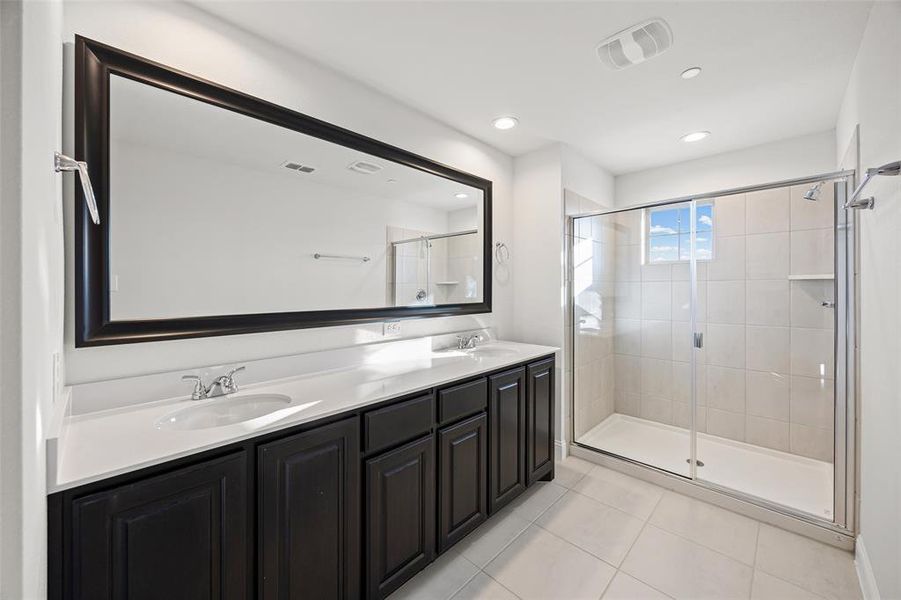 Primary bathroom with double vanities and large shower