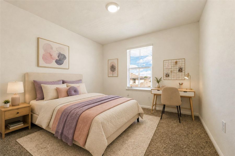Virtually staged - Bedroom #3 features plush carpeting and a large window providing pleasant outdoor views.