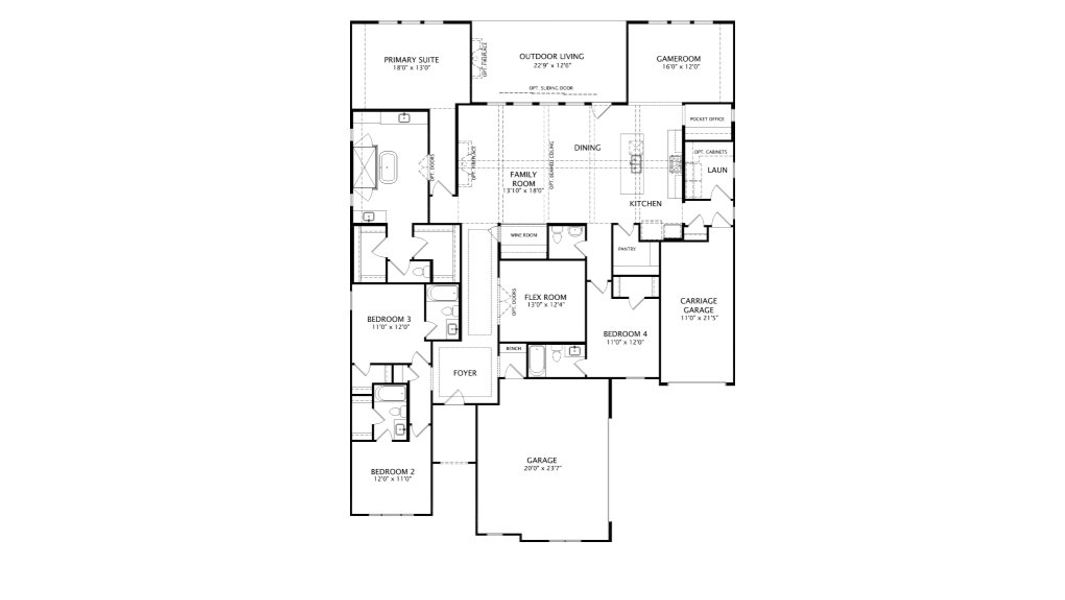 2D floor plan layout for the Overlook II by Drees Custom Homes in Clara Vista, Kyle, TX (Image 6).