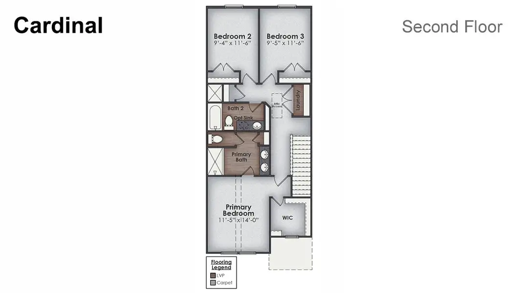 2D floor plan layout for the CARDINAL by D.R. Horton in Indigo Preserve Townhomes, Leland, NC (Image 4).