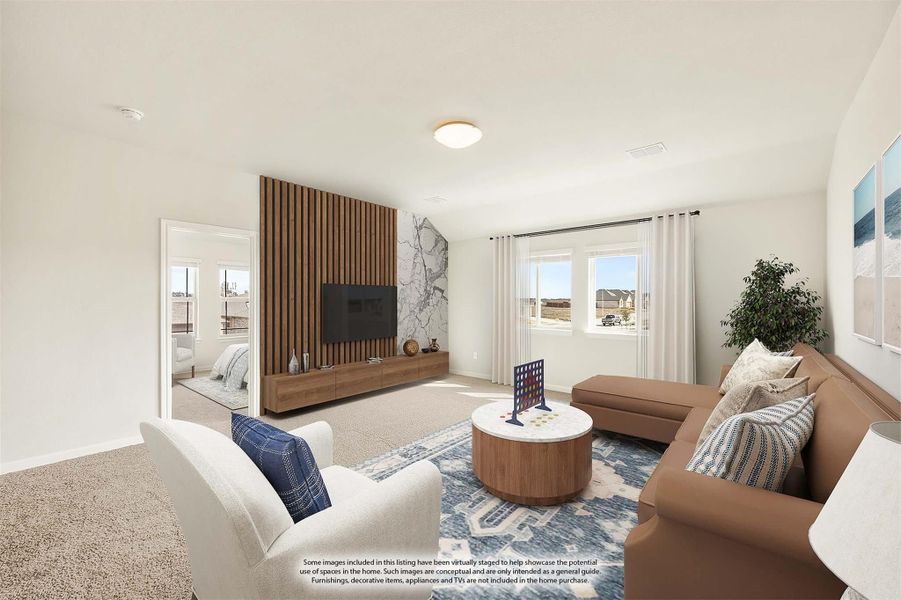 Virtually staged living room with wood slat accent wall, TV console, sectional sofa, and carpet flooring Virtually staged living room with wood slat accent wall, TV console, sectional sofa, and carpet flooring