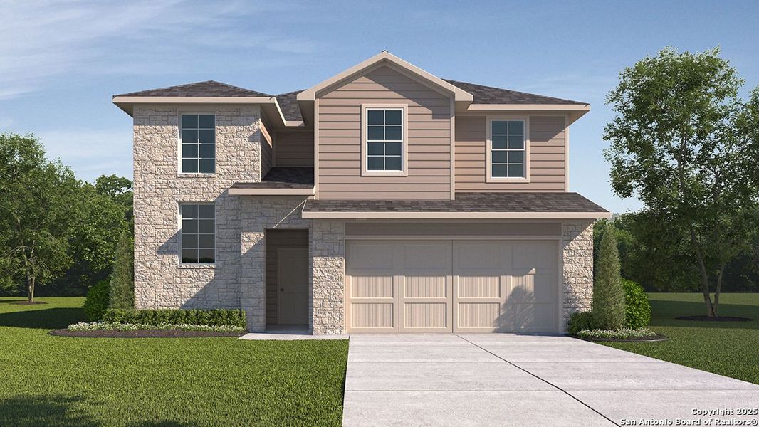 Front exterior of a new home in Brookstone Creek, San Antonio, TX, highlighting curb appeal (Image 1). Front exterior of a new home in Brookstone Creek, San Antonio, TX, highlighting curb appeal (Image 1).