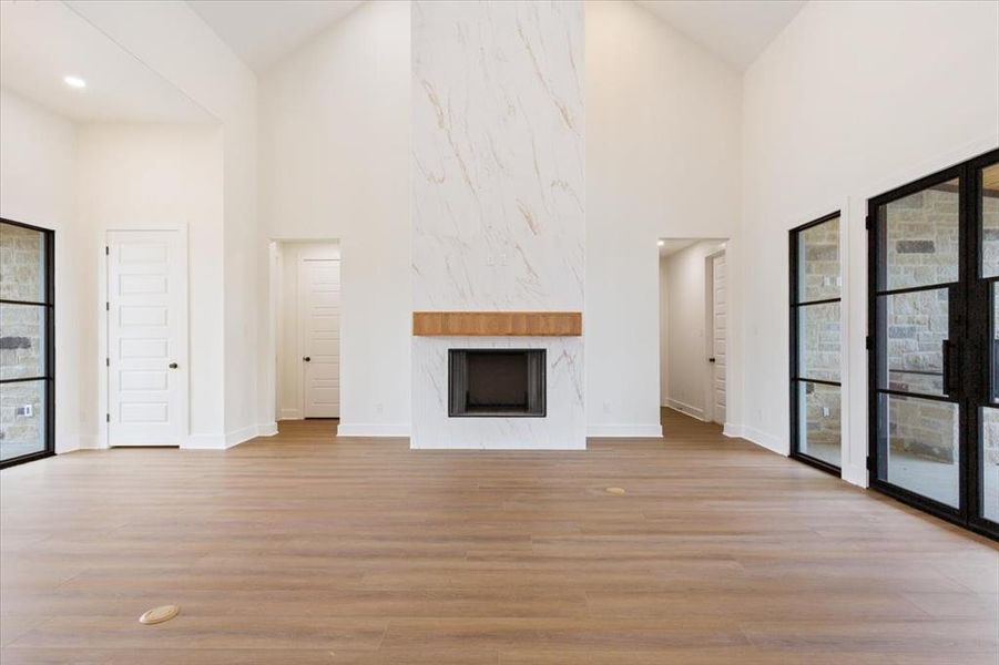 Unfurnished living room with healthy amount of natural light, high vaulted ceiling, a fireplace, and light wood-type flooring