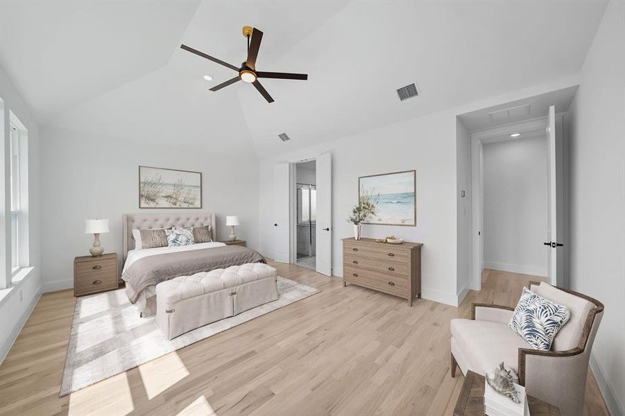 Bedroom with light wood-style flooring, a ceiling fan, high vaulted ceiling, recessed lighting, and ensuite bathroom