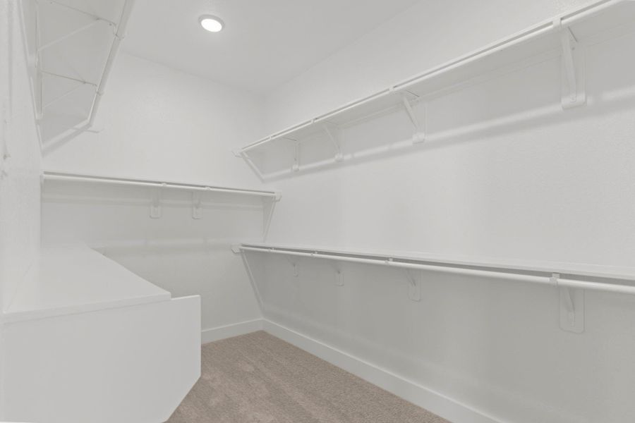 The primary walk-in closet is a dream! Expansive shelving, built-ins, and incredible storage make organizing effortless. A closet with room to grow and space for everything you need.  This is only half of the closet for you to see the other half need come by and see this timeless new home built by CastleRock Communities Home.
