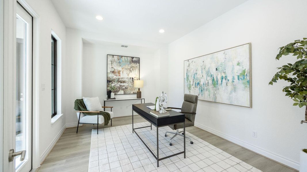 Home office with baseboards, light wood-type flooring, visible vents, and recessed lighting Home office with baseboards, light wood-type flooring, visible vents, and recessed lighting
