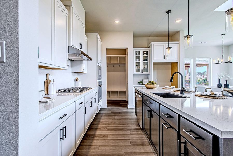 Well-appointed kitchen with abundant cabinetry, open shelving, and a walk-in pantry