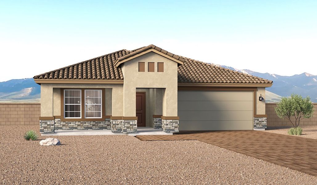 Front exterior of a new home in Entrada Del Toro at Rancho Sahuarita, Sahuarita, AZ, highlighting curb appeal (Image 1). Front exterior of a new home in Entrada Del Toro at Rancho Sahuarita, Sahuarita, AZ, highlighting curb appeal (Image 1).