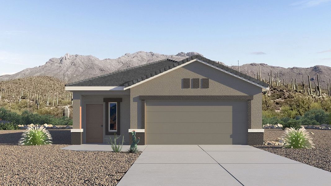 Front exterior of a new home in Hanson Ridge, Vail, AZ, highlighting curb appeal (Image 1). Front exterior of a new home in Hanson Ridge, Vail, AZ, highlighting curb appeal (Image 1).