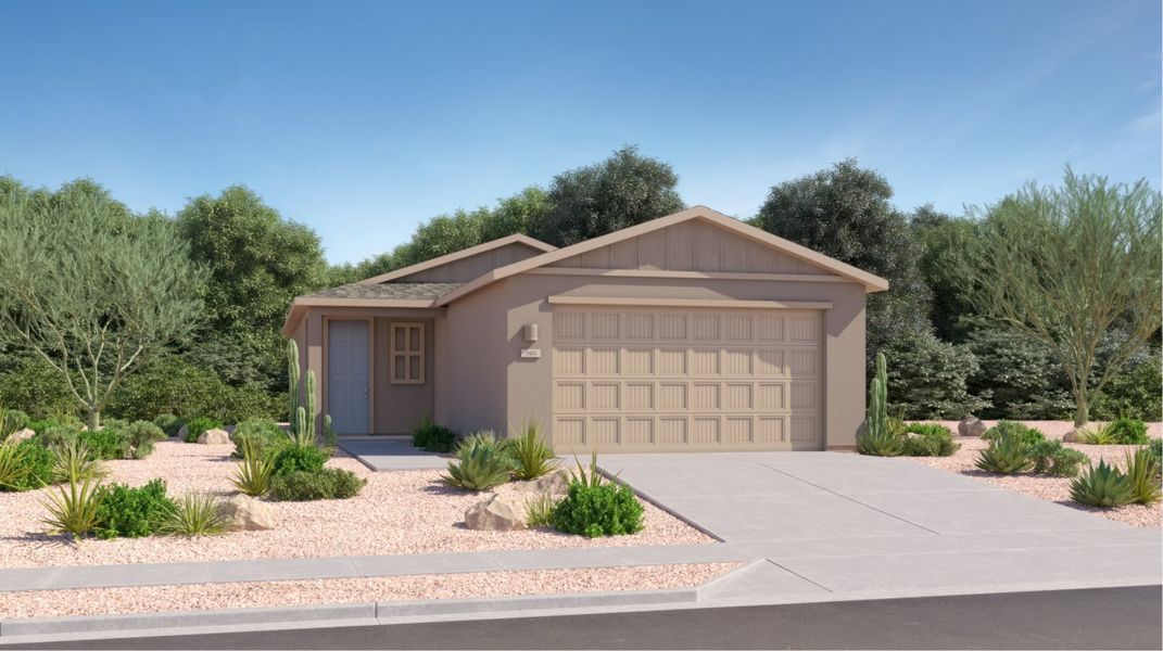 Front exterior of a new home in Springwood at Gladden Farms: Americana Collection, Marana, AZ, highlighting curb appeal (Image 1). Front exterior of a new home in Springwood at Gladden Farms: Americana Collection, Marana, AZ, highlighting curb appeal (Image 1).