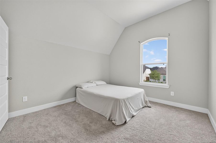 Bright and cozy upstairs bedroom with soft carpet, elevated ceiling lines, and an arched window with a view.