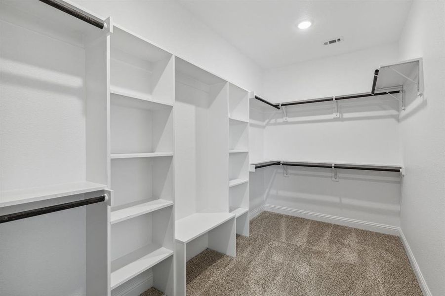 Walk in closet featuring light carpet