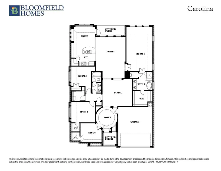 Bloomfield Homes Carolina floor plan with three bedrooms, family room, dining, study, and two-car garage on one level.