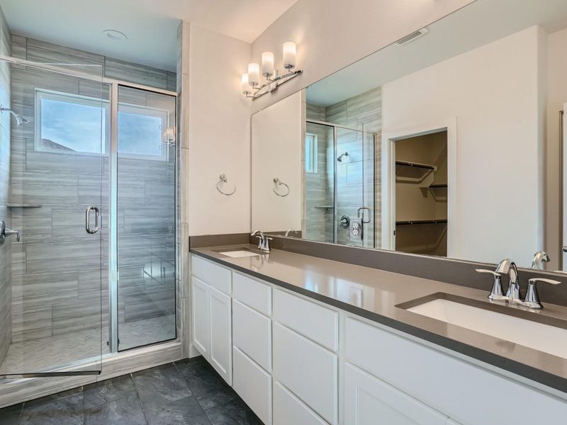 Bathroom with vanity and a shower with shower door