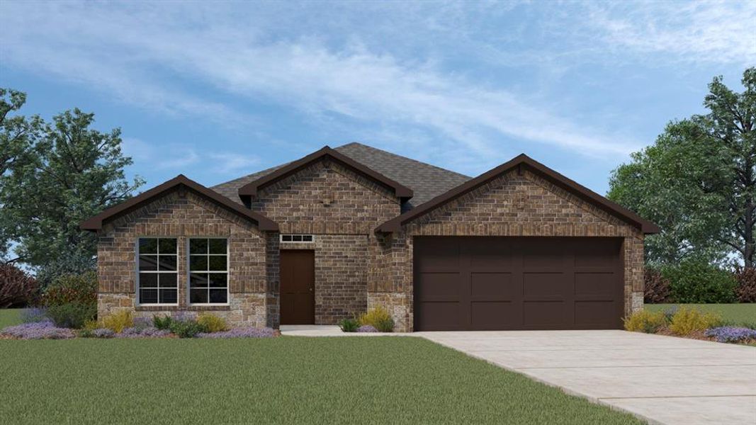 Front exterior of a new home in Saddlebrook, Waxahachie, TX, highlighting curb appeal (Image 2). Front exterior of a new home in Saddlebrook, Waxahachie, TX, highlighting curb appeal (Image 2).