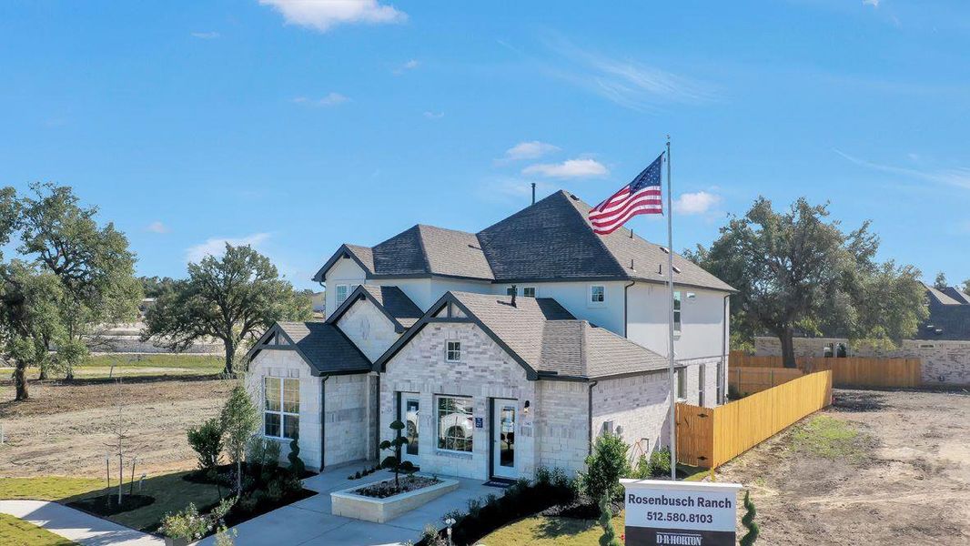 Front exterior of a new home in Rosenbusch Ranch, Leander, TX, highlighting curb appeal (Image 2).