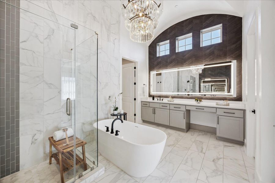 Backlit LED Vanity Lights anchored By Crystal Chandelier