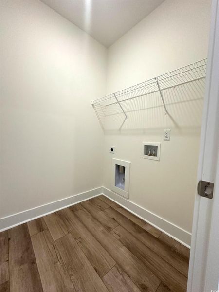 Laundry room with dark wood-type flooring, hookup for an electric dryer, and hookup for a washing machine