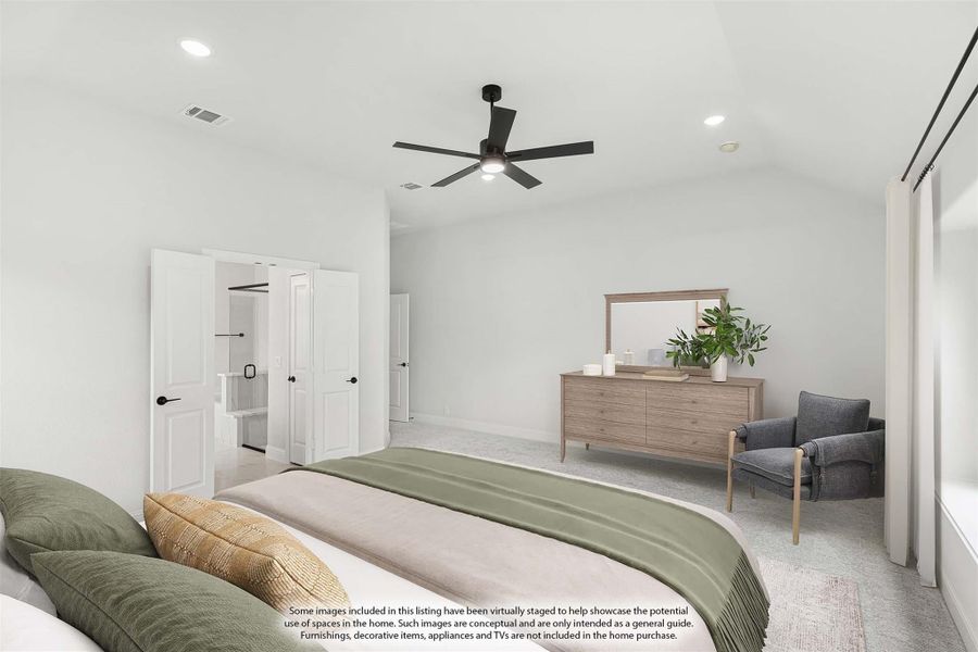 Spacious bedroom with ceiling fan, walk-in closet, wood dresser, and neutral carpet flooring Spacious bedroom with ceiling fan, walk-in closet, wood dresser, and neutral carpet flooring