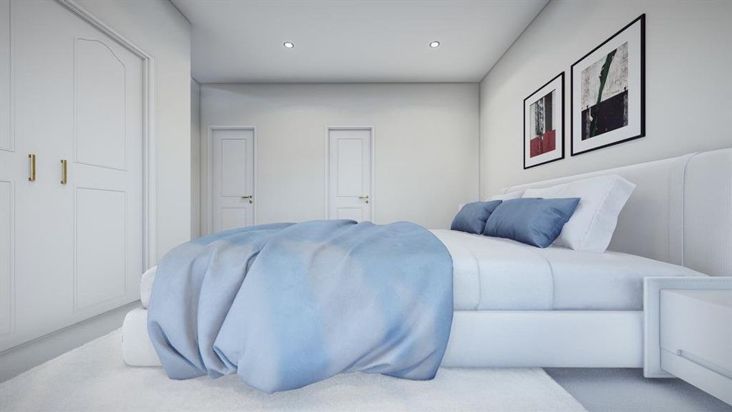 Carpeted bedroom featuring recessed lighting