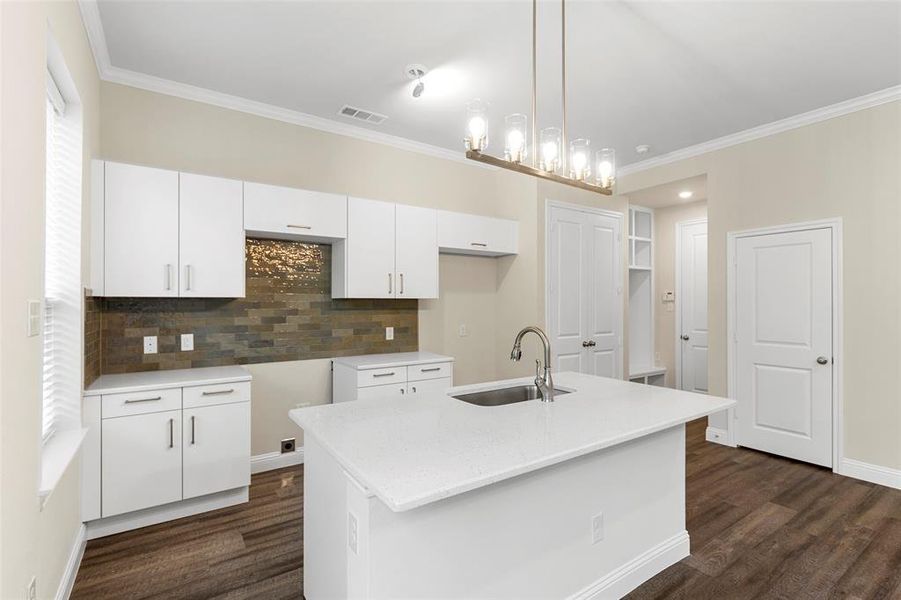 Kitchen with white cabinets, sink, dark hardwood / wood-style floors, and a kitchen island with sink