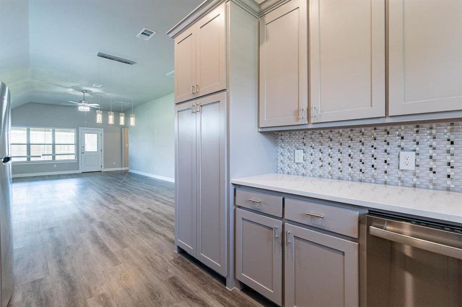 Kitchen open to living area with tasteful backsplash, beautiful cabinets, & stainless steel dishwasher