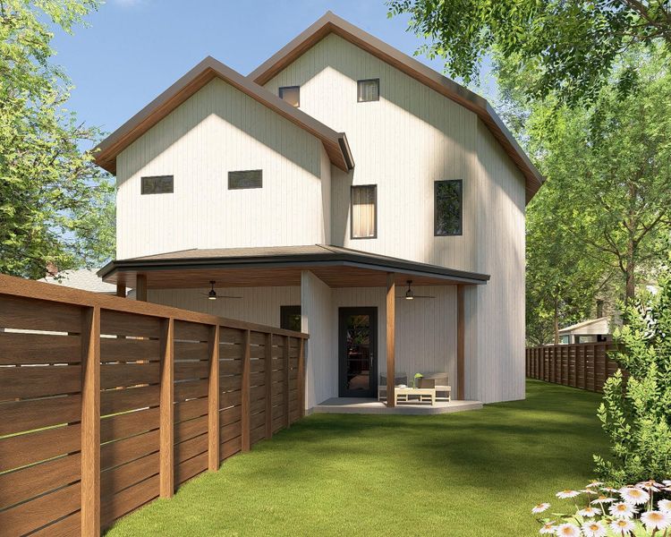 Rear view of property with a fenced backyard and a patio area