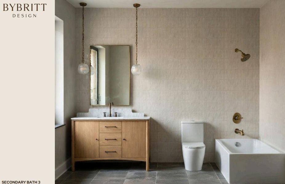 An inviting bathroom space features a wooden vanity with a marble counter, a sleek toilet, and a pristine bathtub.