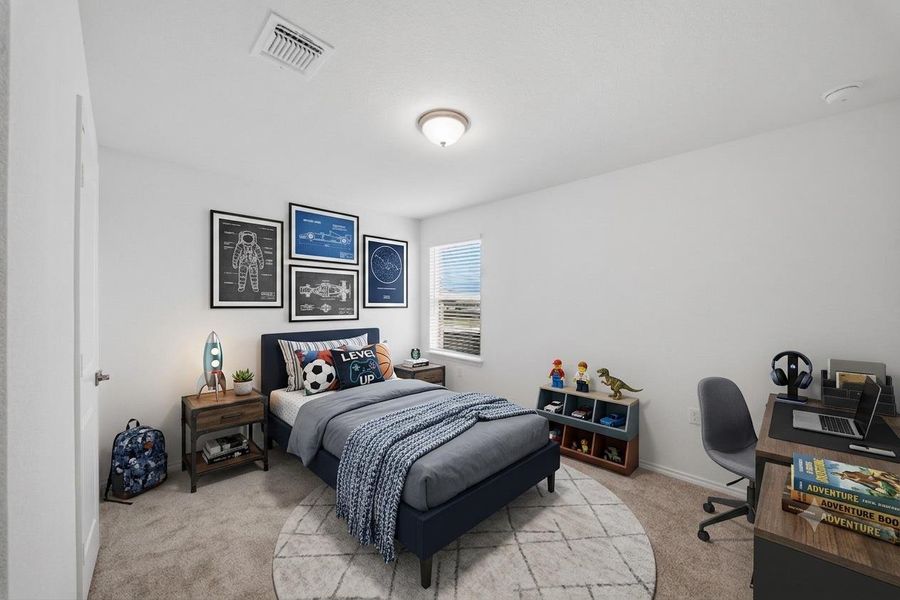Well-lit sleeping quarters with plush carpeting and ample space for rest or study. Well-lit sleeping quarters with plush carpeting and ample space for rest or study.