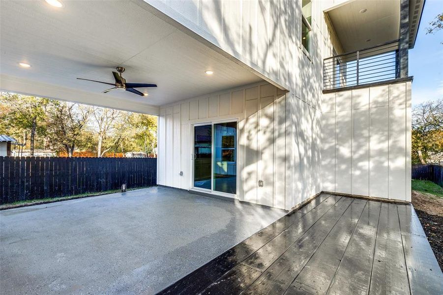 View of patio with ceiling fan